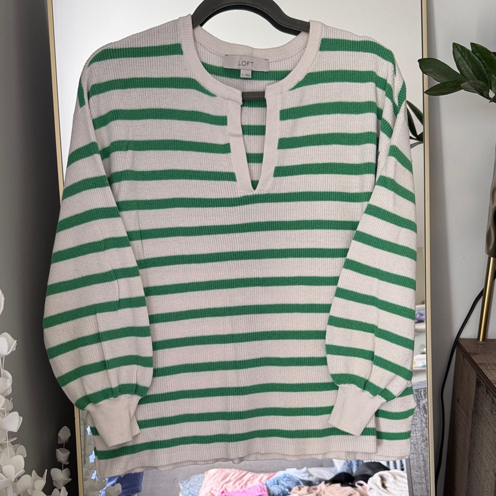 LOFT Ivory and Green Striped Knit Top